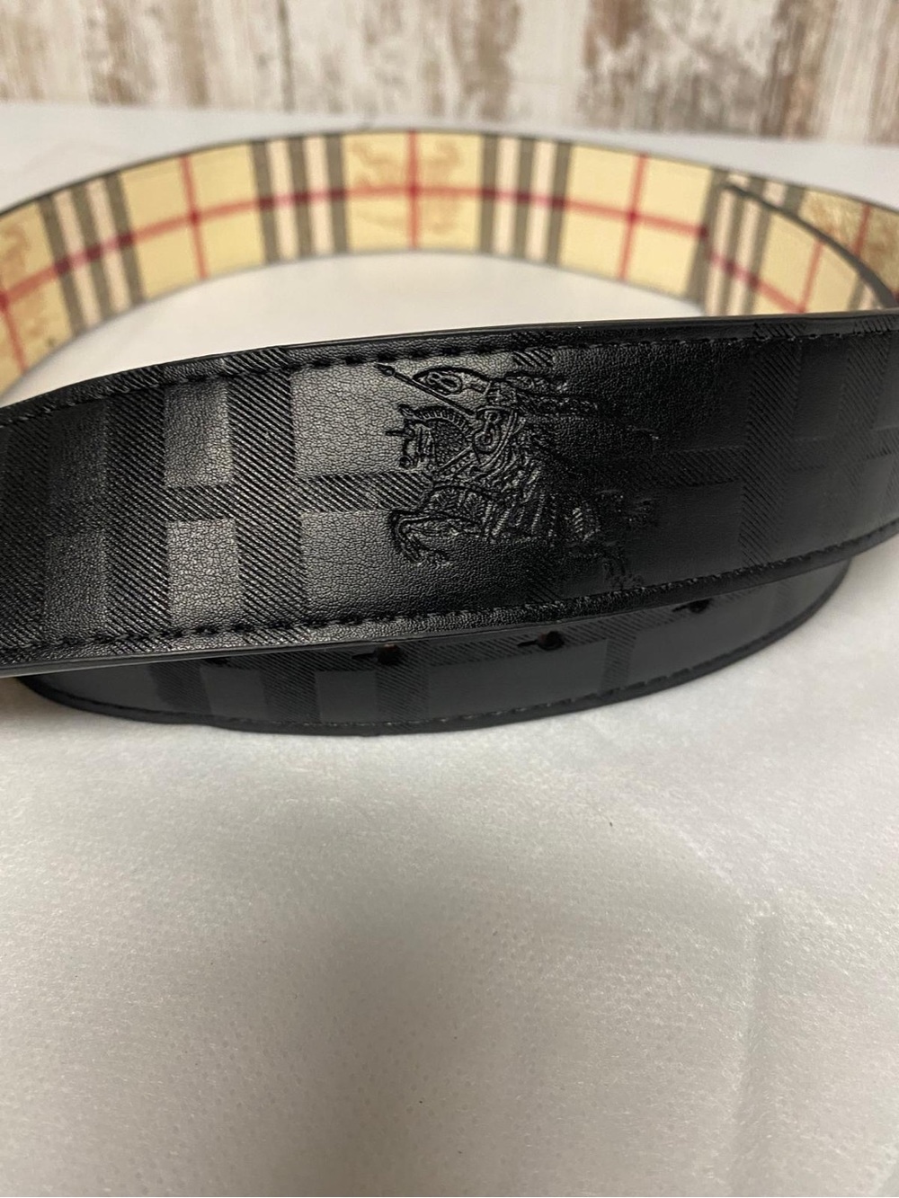 Burberry Men's Check Belt with Gold TB Monogram Buckle - Beige/Black - Picture 3 of 3